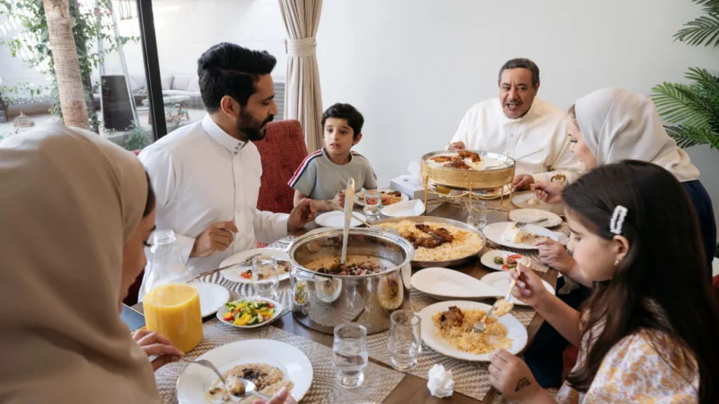 Muslim family enjoying a halal meal together – Islamic diet and values