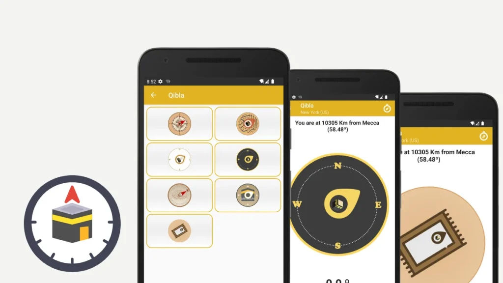 Application de Qibla avec plusieurs styles de boussoles