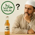 Muslim man checking if non-alcoholic beer is halal using app
