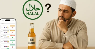 Muslim man checking if non-alcoholic beer is halal using app