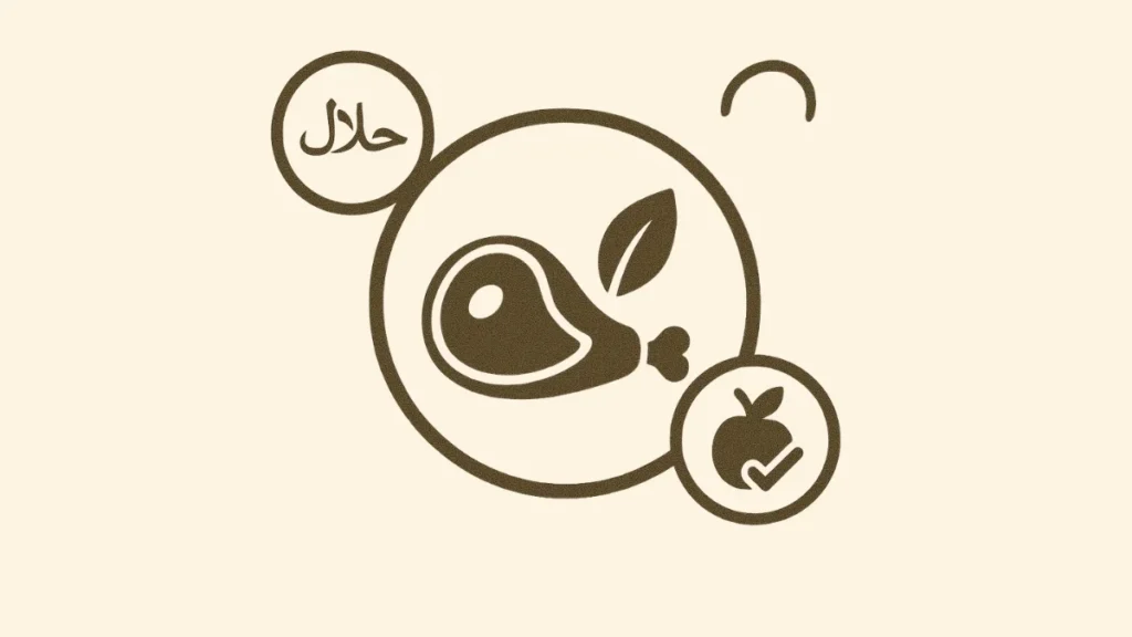 Halal and Tayyib concept in Muslim diet – meat, fruit, and purity icons