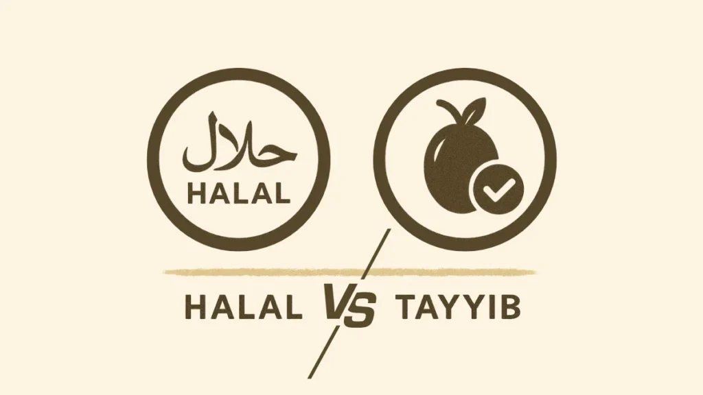 Halal vs Tayyib concept with minimalist Arabic and English icons