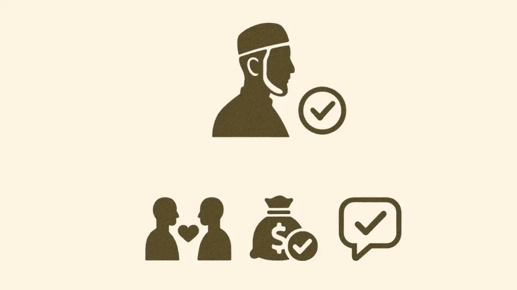 Muslim man silhouette with Tayyib principles in relationships, wealth, and speech