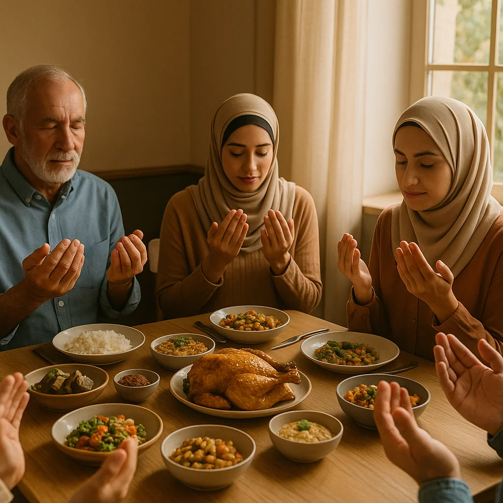 Family making dua with hands raised before sharing a halal meal at the table.