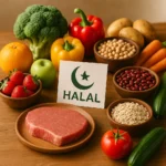 Fresh halal foods on a table with certification sign and balanced ingredients.