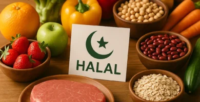 Fresh halal foods on a table with certification sign and balanced ingredients.