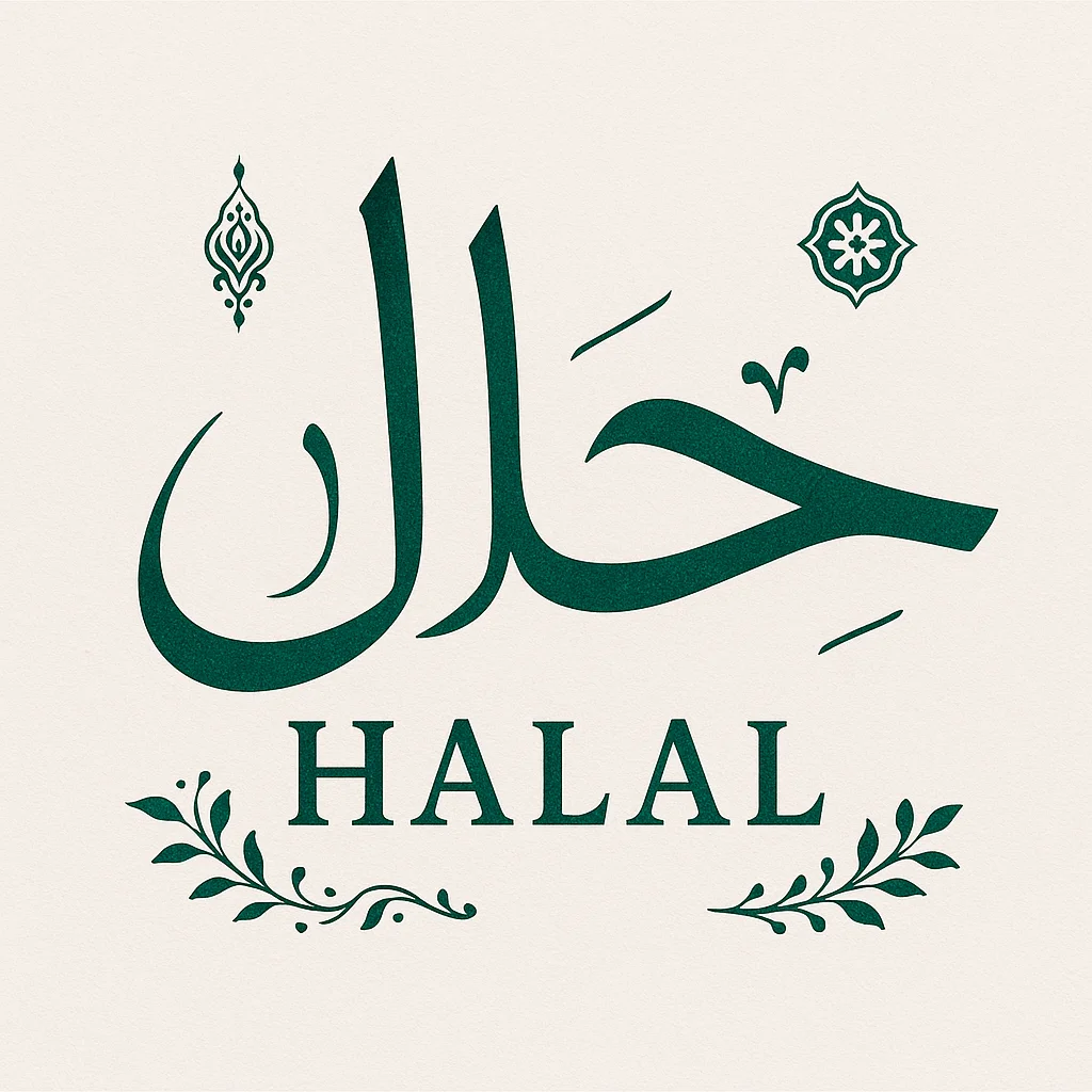 Elegant Arabic calligraphy for the word Halal in emerald green on white.