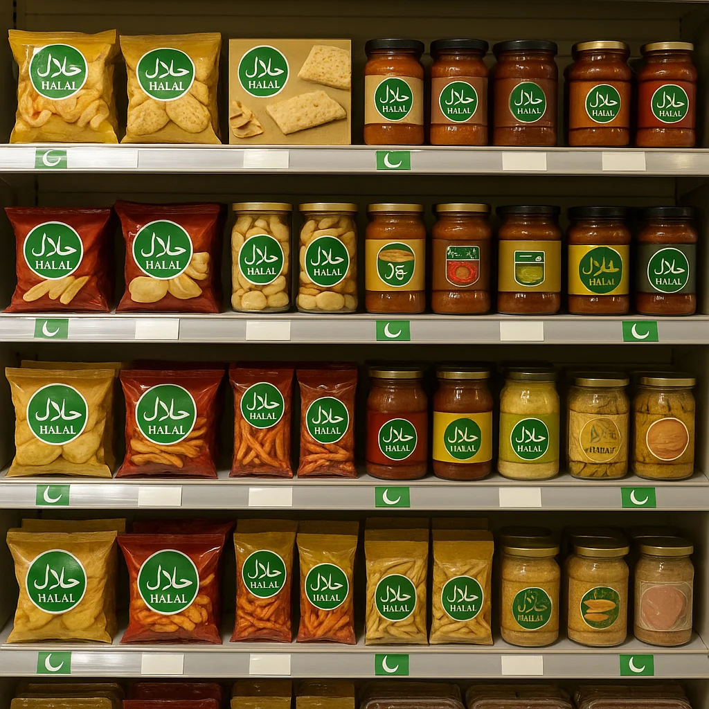 Supermarket shelves organized with halal-certified snacks, sauces and packaged foods.
