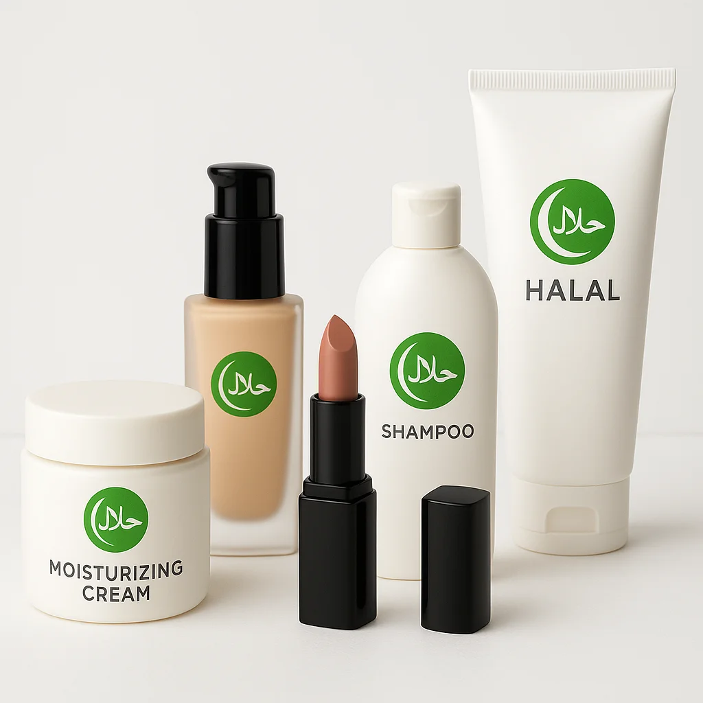 Minimalist set of halal-certified cosmetics including cream, foundation, lipstick and shampoo.
