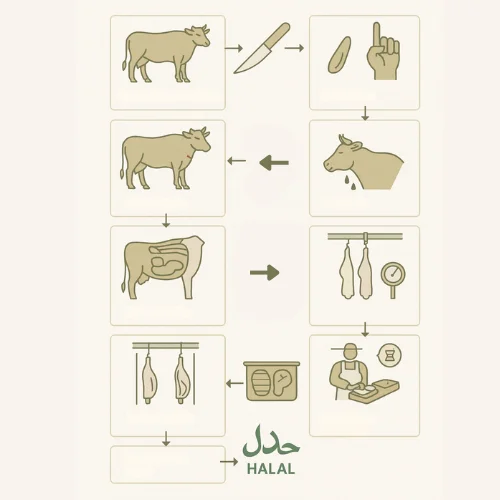 Step-by-step halal slaughter process with simple schematic icons and arrows.