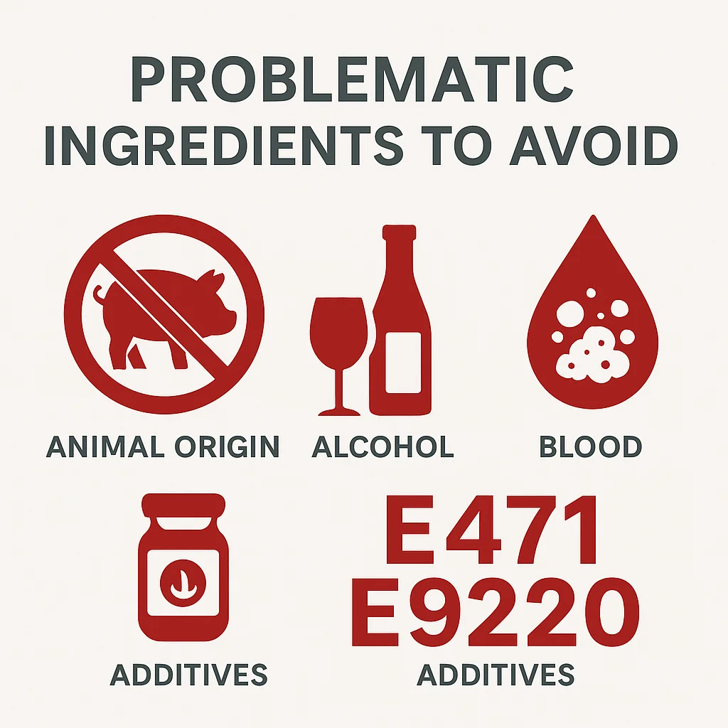 Infographic warning about haram ingredients including alcohol, animal origin, blood and E-codes.