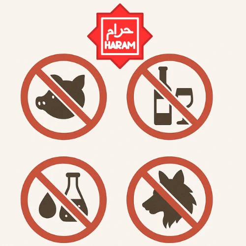 Prohibited haram items with red no-entry symbols: pork, alcohol, blood, carnivorous animals.