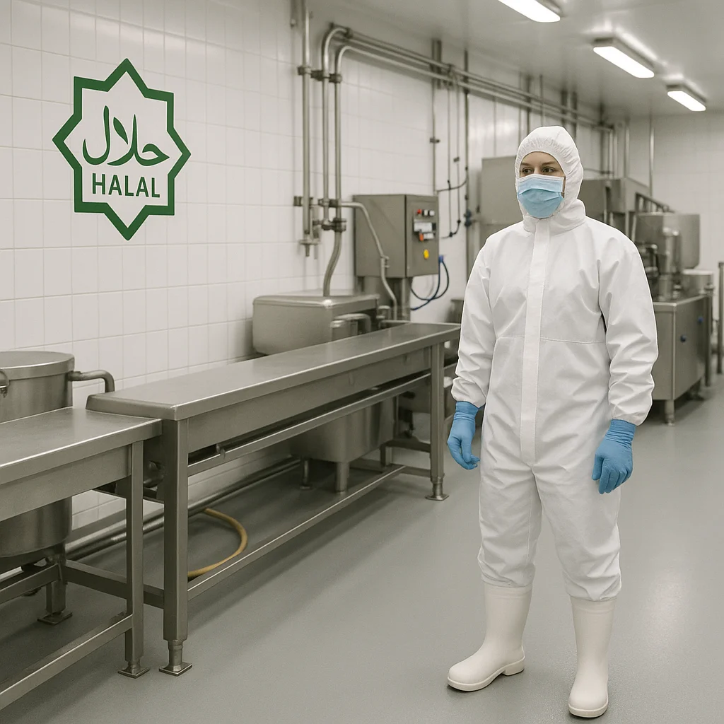 Worker in full PPE inside a clean halal-certified stainless-steel processing facility.