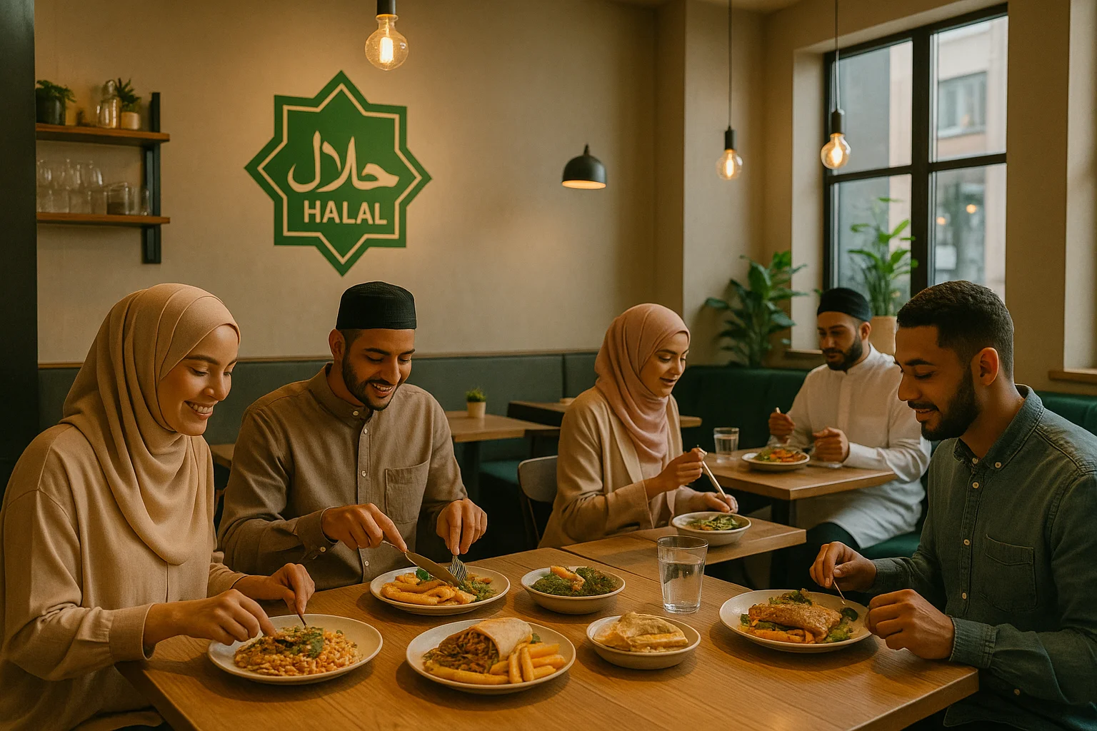 Muslim friends dining in a cozy, modern halal restaurant with certification on the wall.