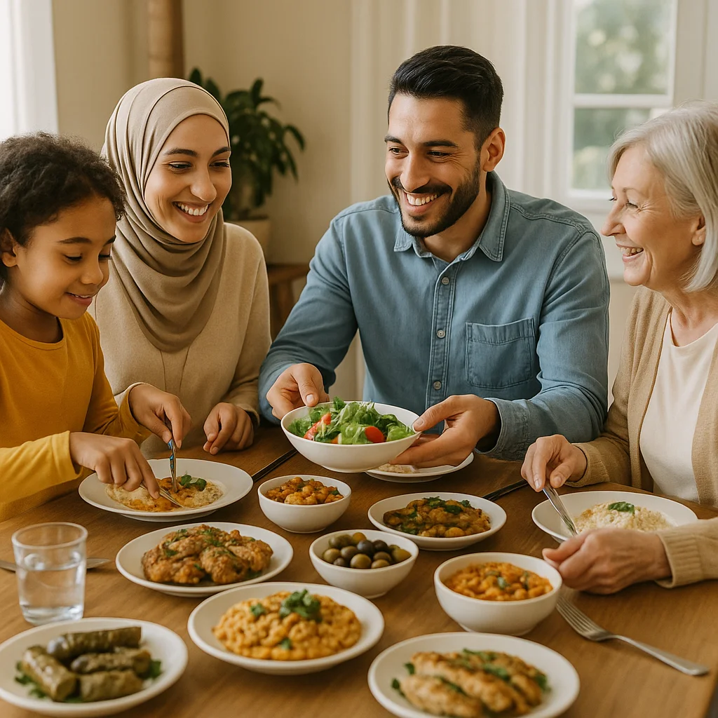 Diverse family smiling and sharing a halal meal together at a home dining table.