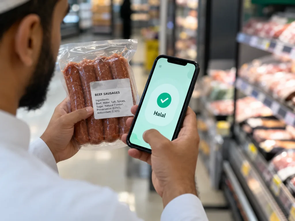 Muslim man using a smartphone app to scan the ingredients label of packaged beef sausages in a supermarket and check whether the product is halal.