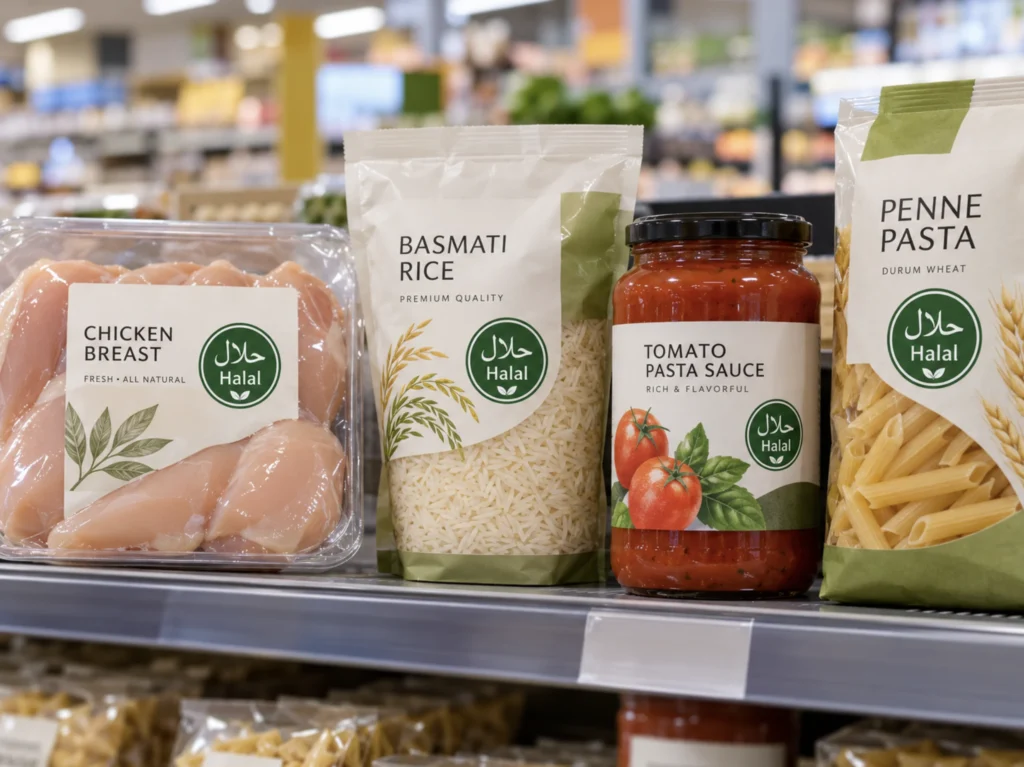 Close-up of food packages on a supermarket shelf displaying generic halal certification seals in English and Arabic.
