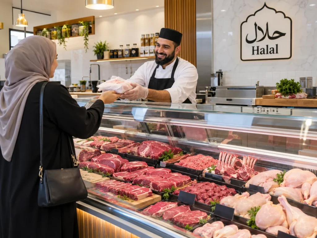 Muslim woman wearing a hijab buying halal meat from a butcher in a modern shop displaying fresh beef, lamb, and chicken.