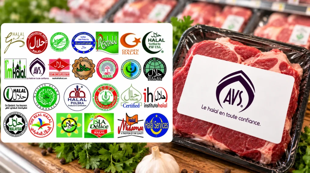 Fresh beef package displaying the AVS halal certification logo next to a collection of international halal certification labels.