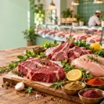 Fresh beef steak, lamb chops and chicken breasts displayed with herbs and spices in a halal butcher shop, alongside a smartphone showing a green verification check mark.