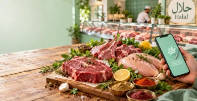 Fresh beef steak, lamb chops and chicken breasts displayed with herbs and spices in a halal butcher shop, alongside a smartphone showing a green verification check mark.