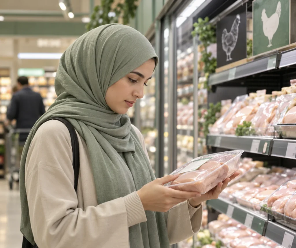 Muslim woman wearing a hijab checking a chicken package label in a supermarket to verify halal meat information.