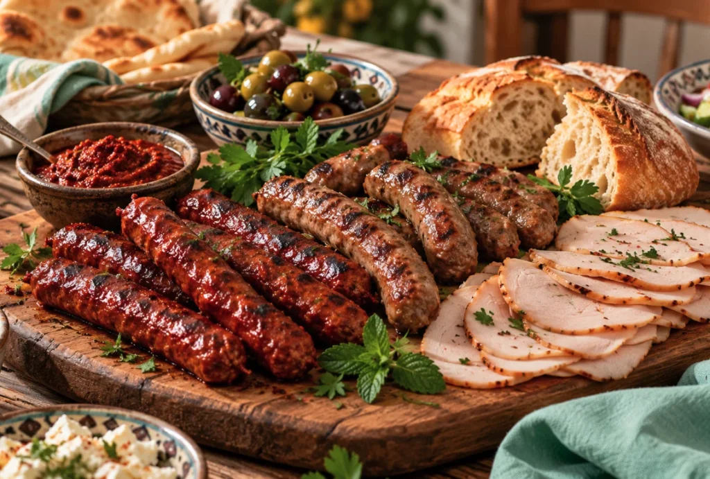 Grilled halal-style merguez and beef sausages with sliced turkey deli meat, fresh bread, harissa, olives and herbs on a rustic wooden board.