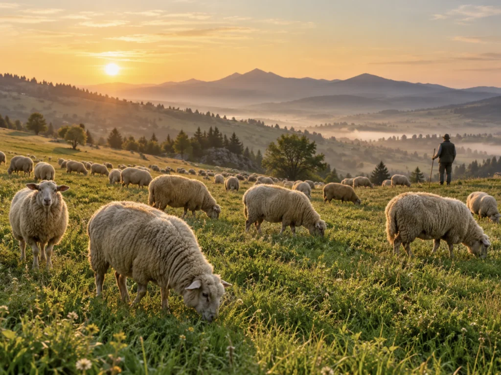 Flock of sheep grazing peacefully in a green meadow at sunrise with a shepherd in the distance, illustrating animals commonly associated with halal meat.