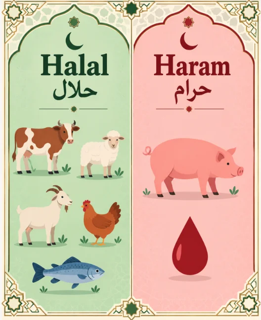 Halal vs haram meat infographic showing cows, sheep, goats, chicken and fish as halal animal categories, compared with pork and blood as prohibited in Islam.