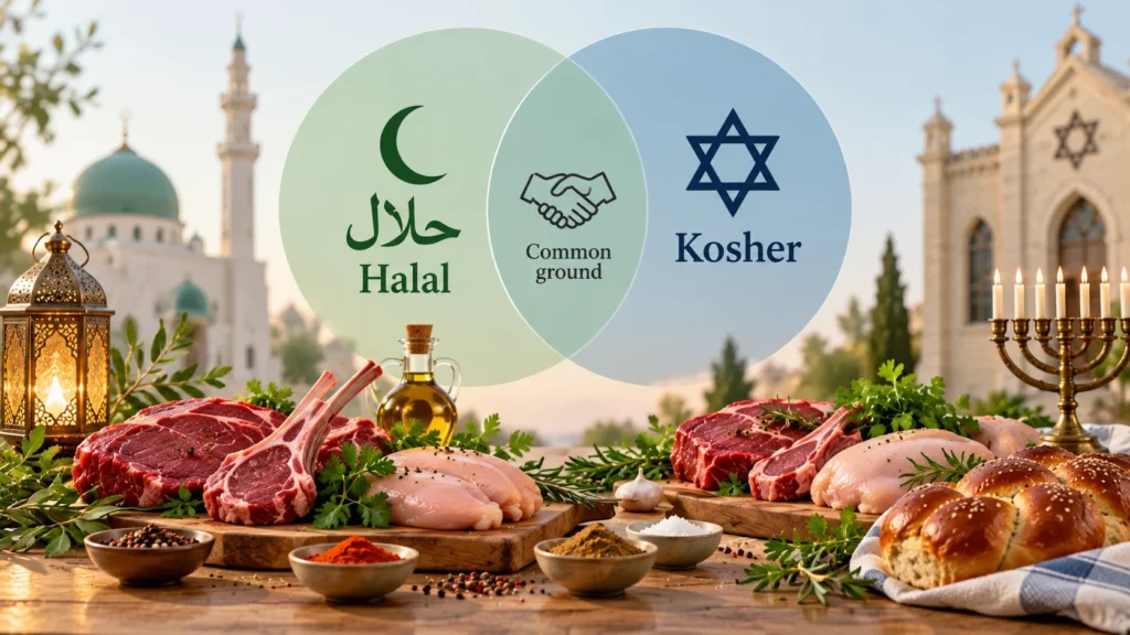 Halal vs kosher meat comparison infographic showing Islamic and Jewish symbols, shared dietary principles, fresh meat, and traditional foods.