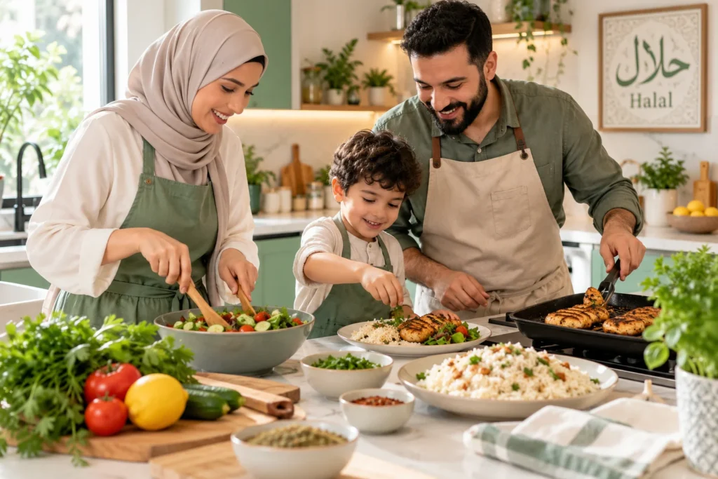 Happy Muslim family cooking grilled chicken, rice and fresh vegetables together in a modern kitchen, with a mother wearing a hijab, a father and their young son.