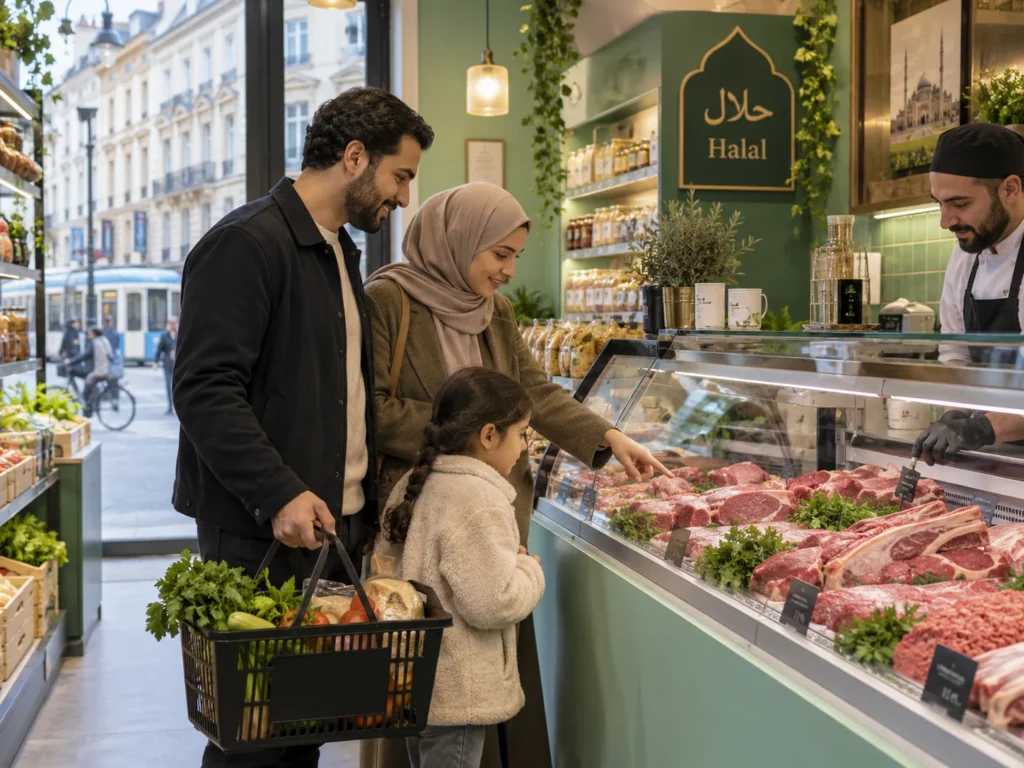 Muslim family shopping for fresh halal meat at a refrigerated counter in a halal grocery store in a European city.