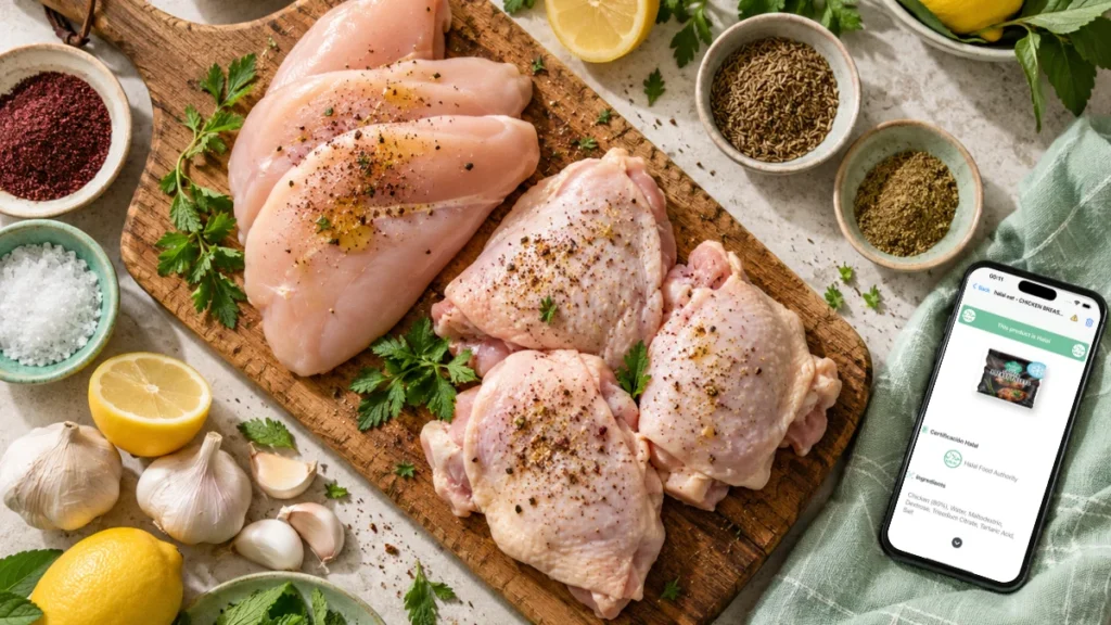 Top-down view of fresh raw chicken breasts and thighs on a wooden cutting board with herbs, spices, lemon, garlic, and a smartphone with a blank screen.
